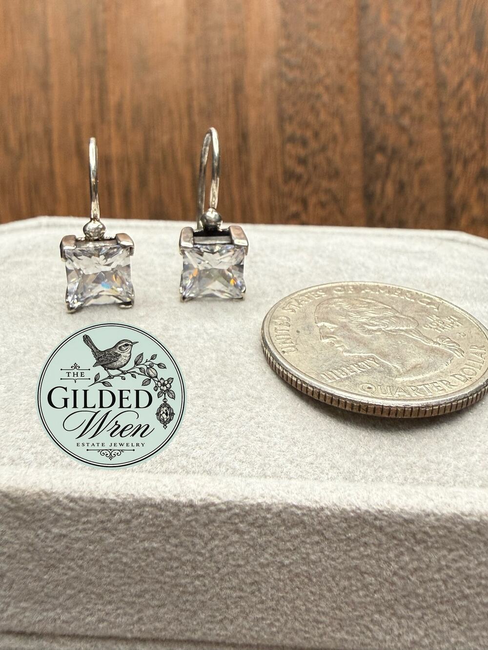 925 Sterling Silver 7mm Princess Cut CZ Leverback Earrings 3.51g Square Drop